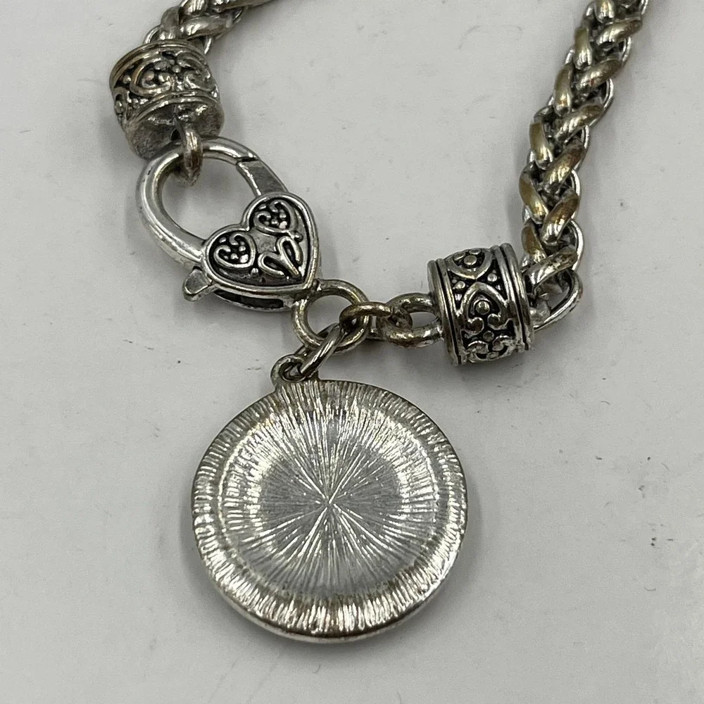 VTG Silver Tone Memorial‎ Sentiment Charm Bracelet Wheat Chain Heart Rhinestone